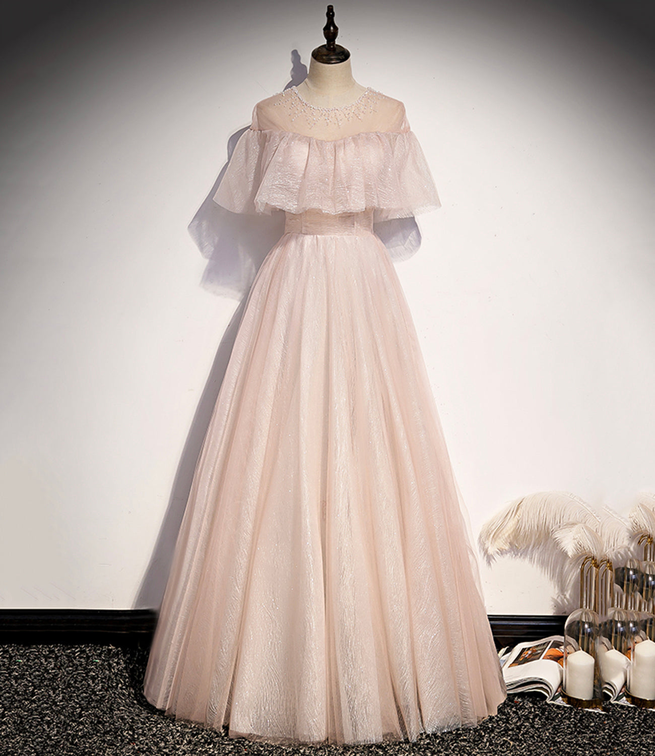 Pink tulle long A line prom dress pink evening dress 8707