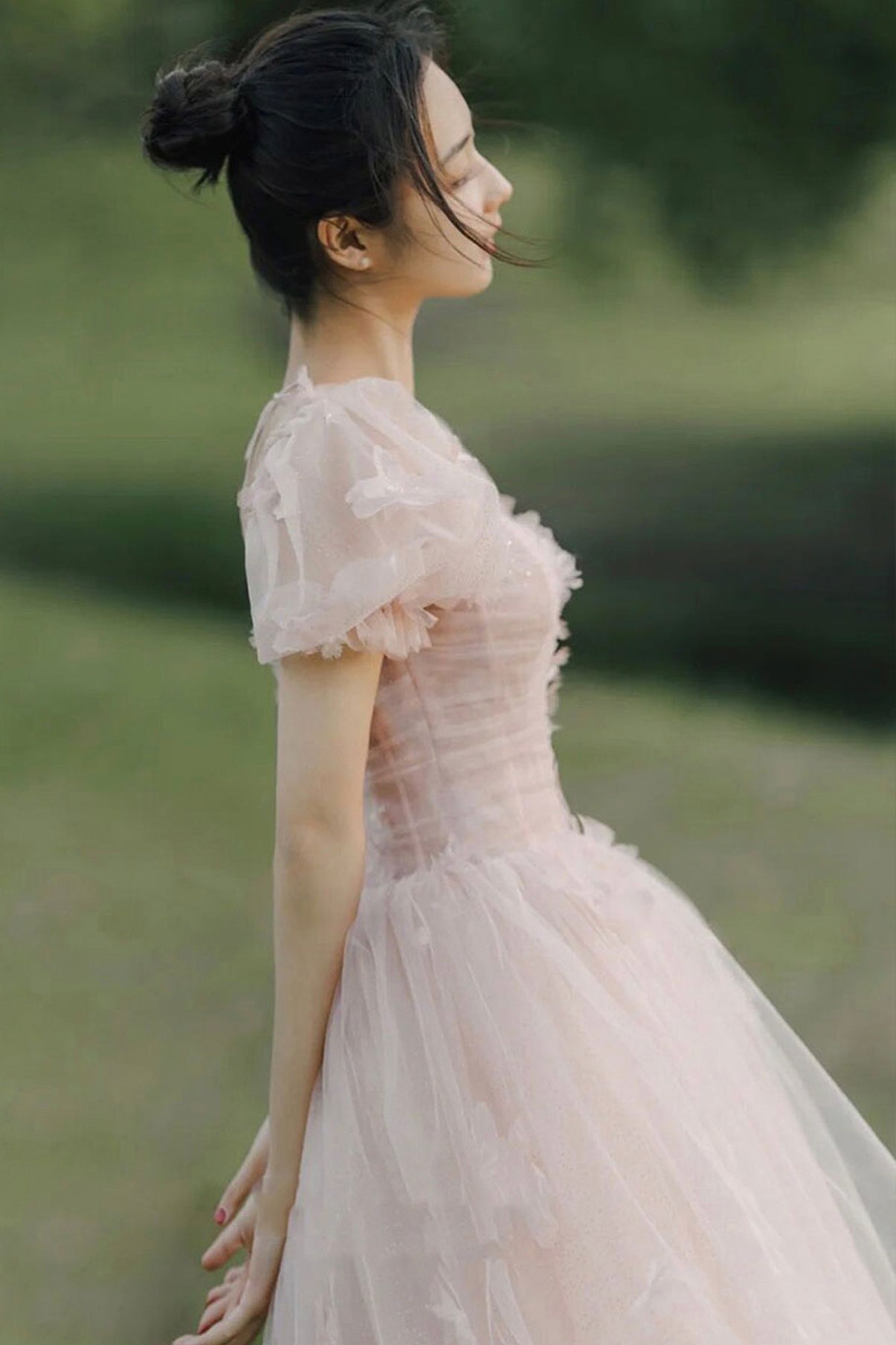 Pink tulle long A line prom dress evening dress 8735