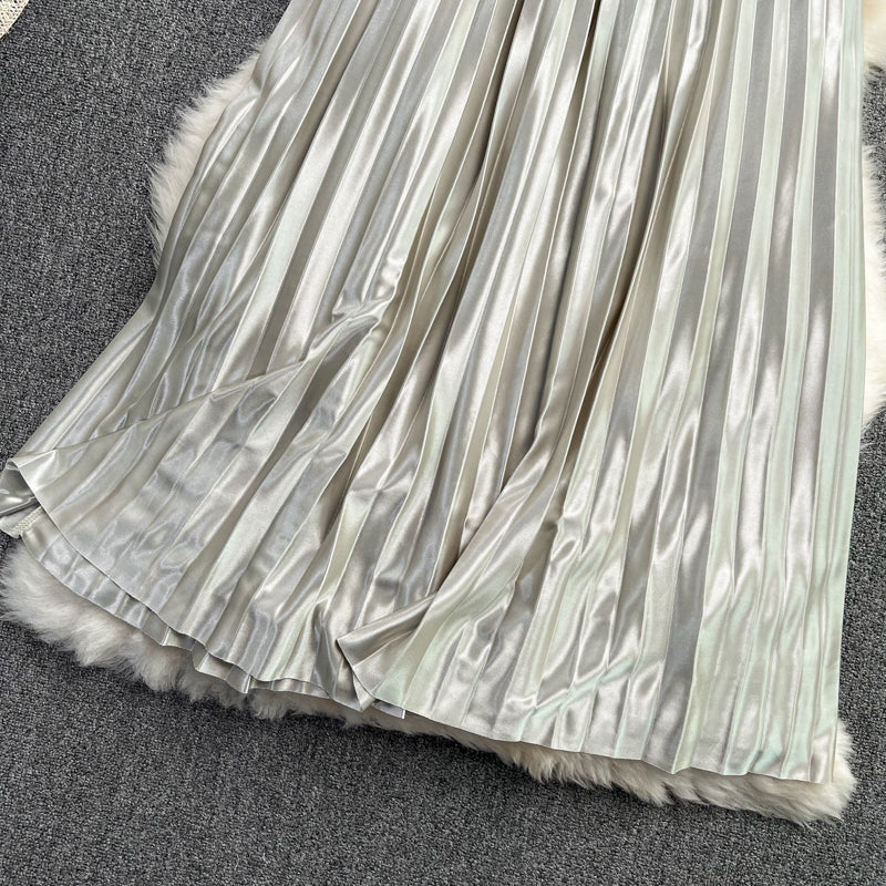 Versatile acetate SATIN HIGH WAIST slim pleated skirt 11296