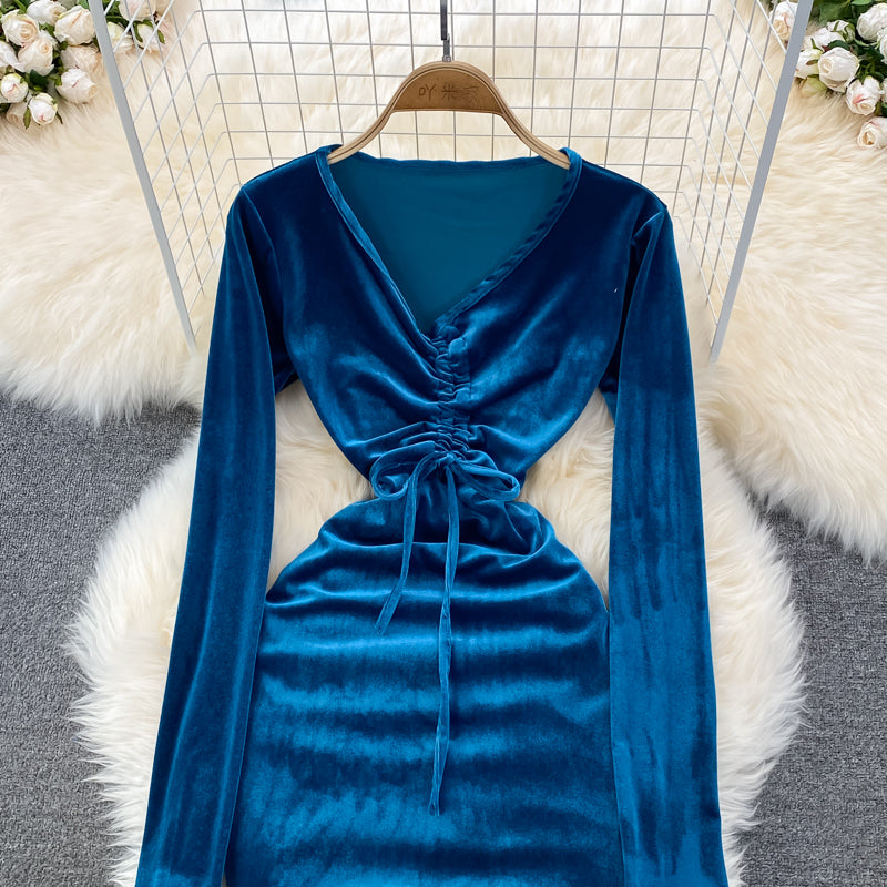 Sexy V Neck Velvet Long Sleeve Dress Fashion Dress 10864