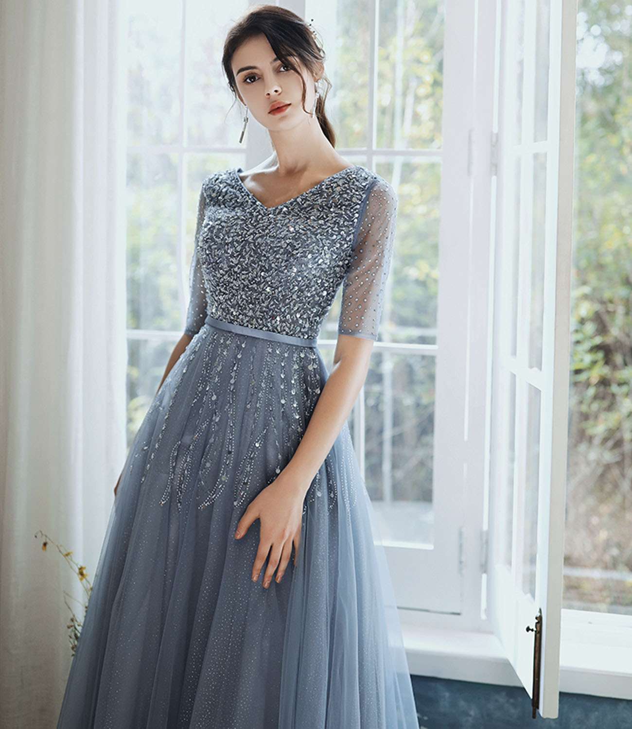 Blue tulle beads long prom dress A line evening gown 10333