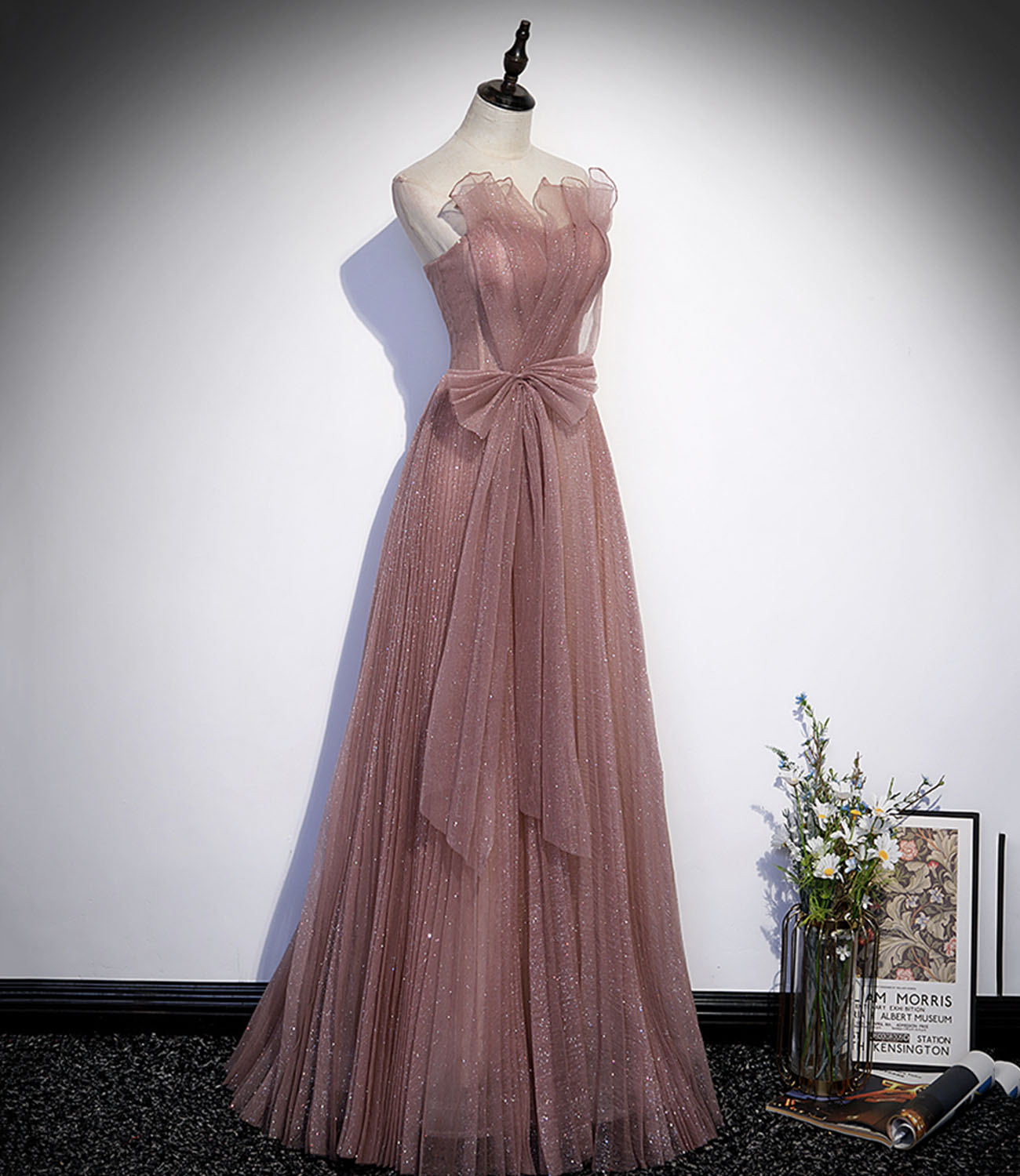 Pink tulle sequins long prom dress A line evening dress 10420