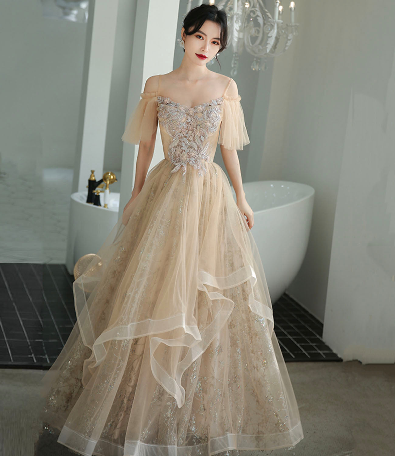 Champagne tulle lace long prom dress A line evening dress 10339