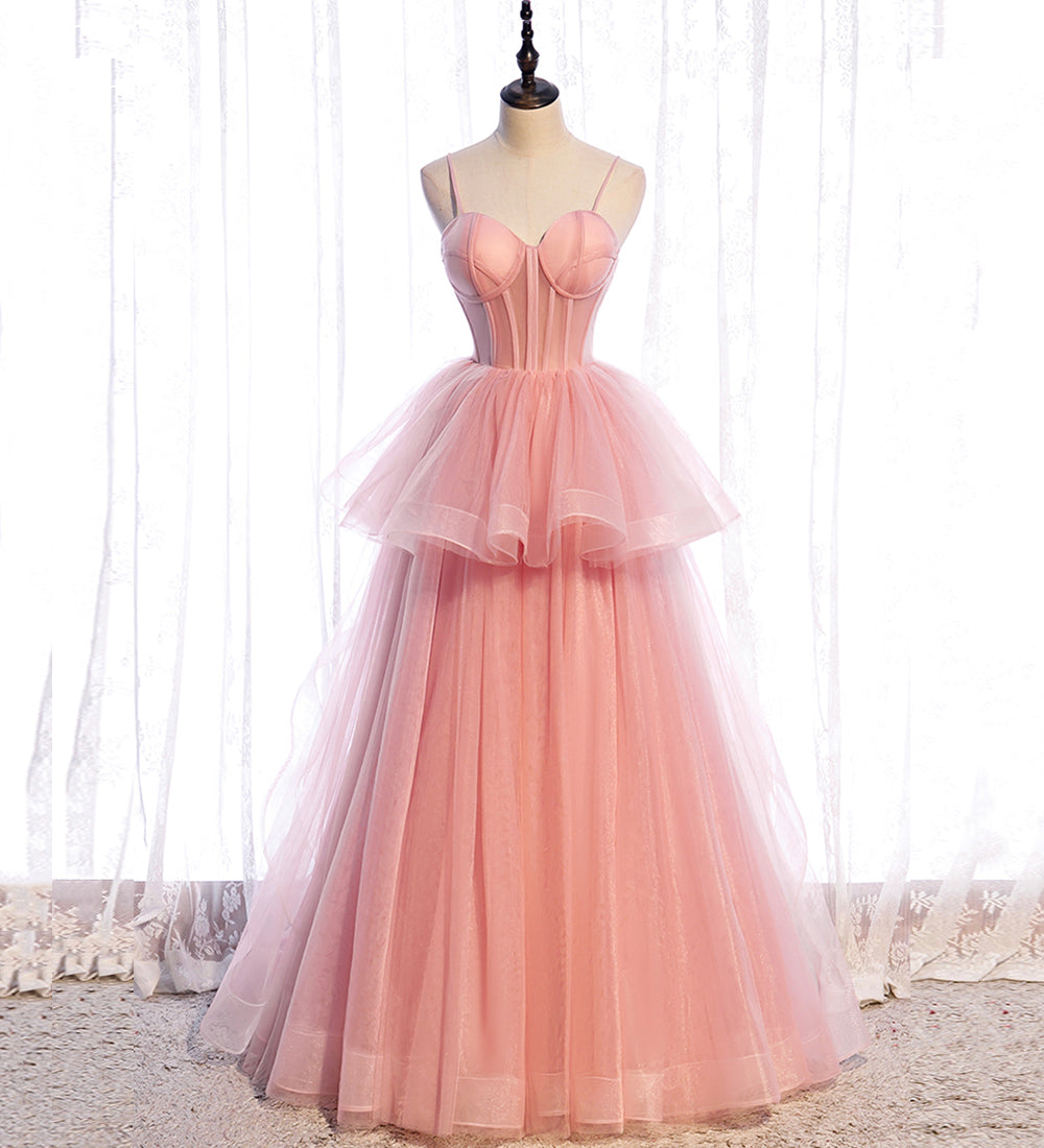 Pink tulle long prom dress pink evening dress 8518