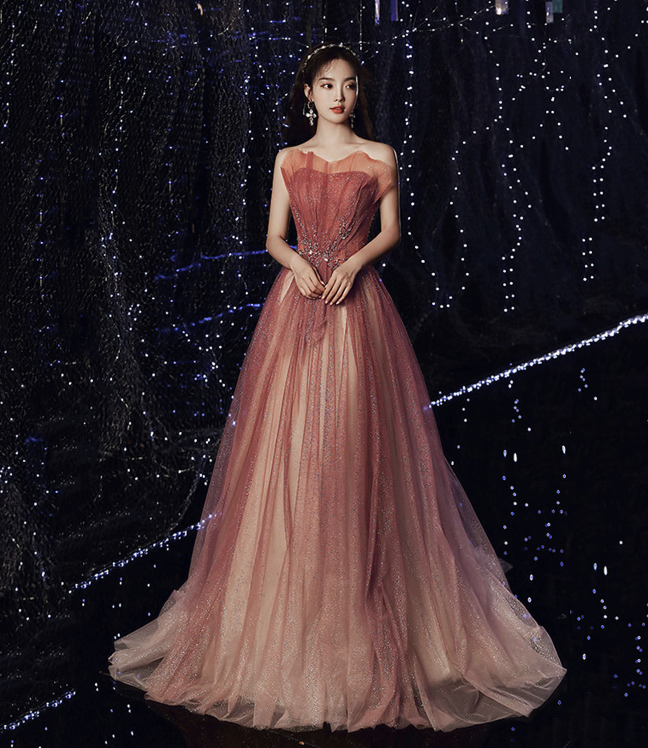 Burgundy tulle sequins long prom dress A line evening dress 10626