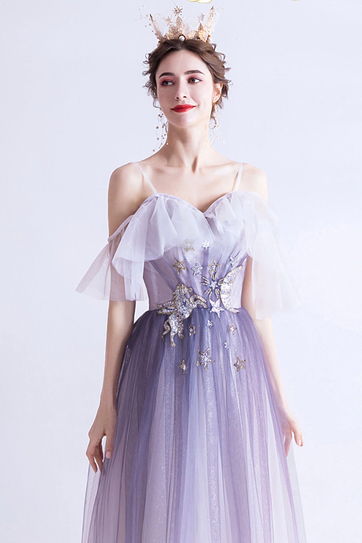 Purple tulle long A line prom dress evening dress 8769