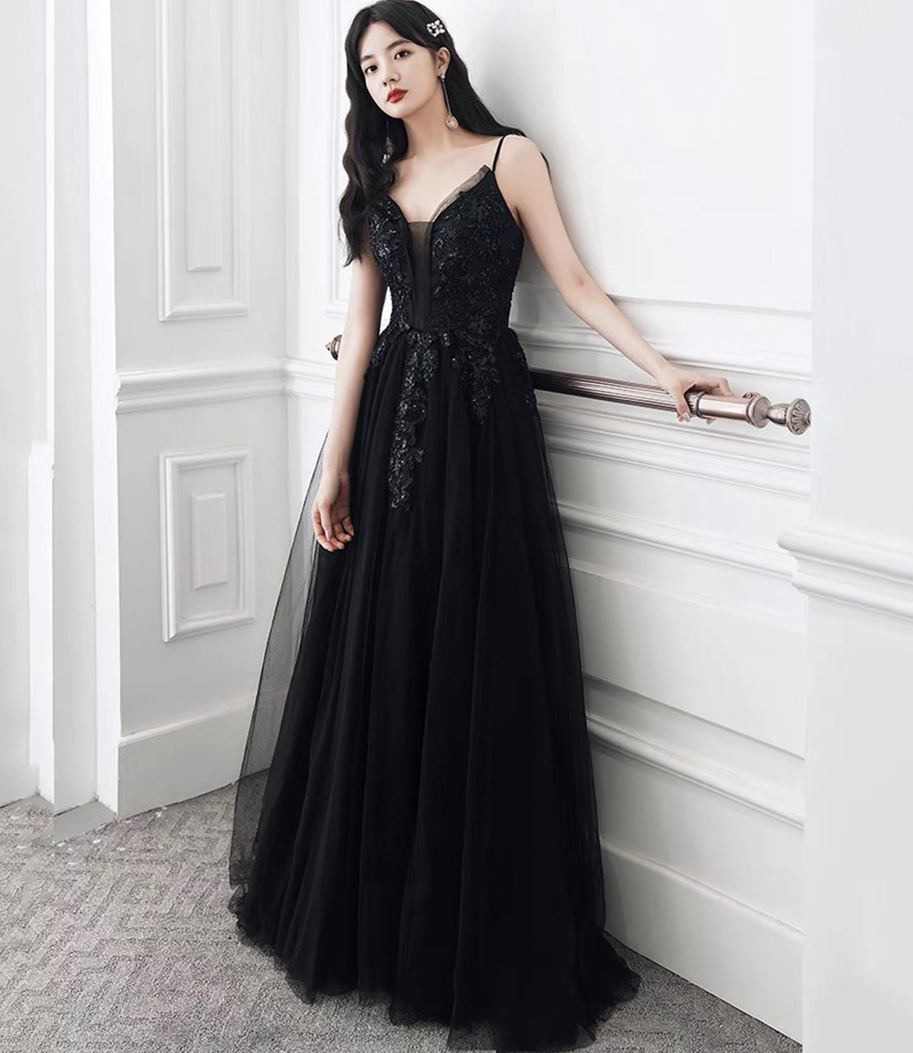 Black tulle sequins long prom dress evening dress 10391