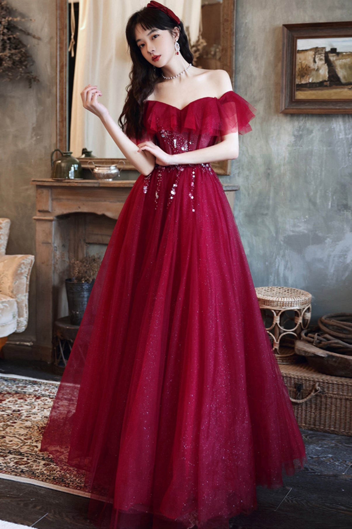 Burgundy tulle long A line prom dress evening dress 8687