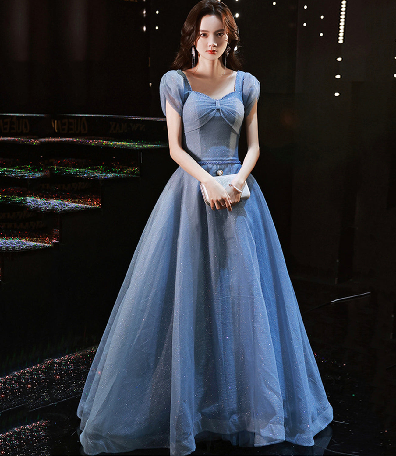 Blue tulle sequins long prom dress evening gown 10310