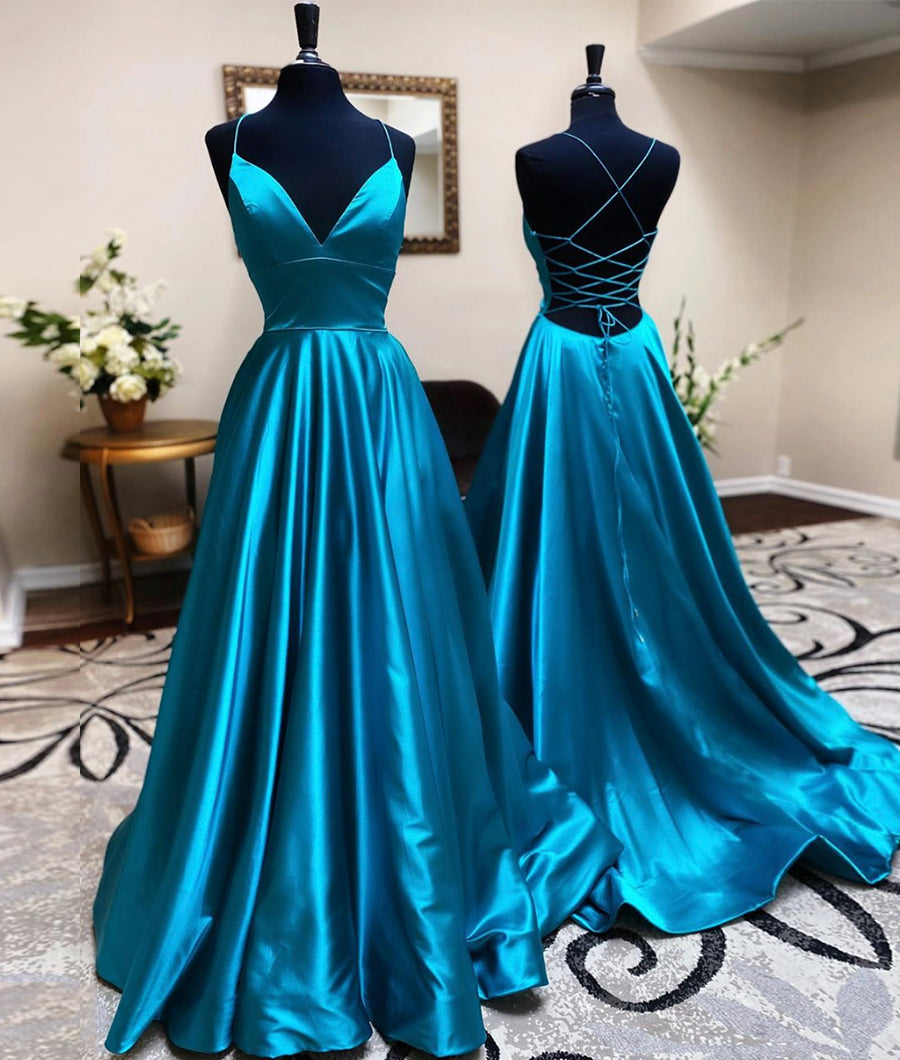 Blue satin long prom dress simple evening dress 8445