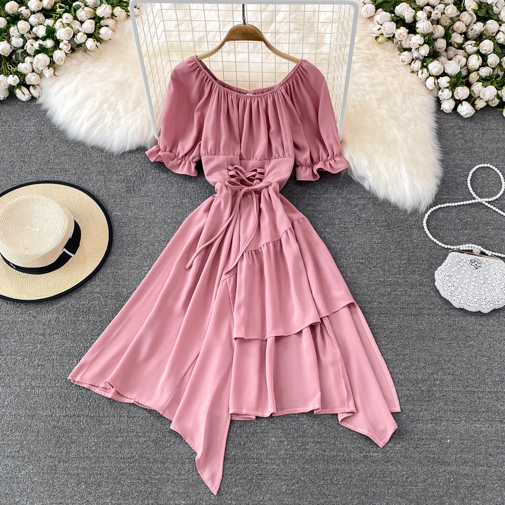 Simple Lace-Up Dress With Irregular Dress 10738