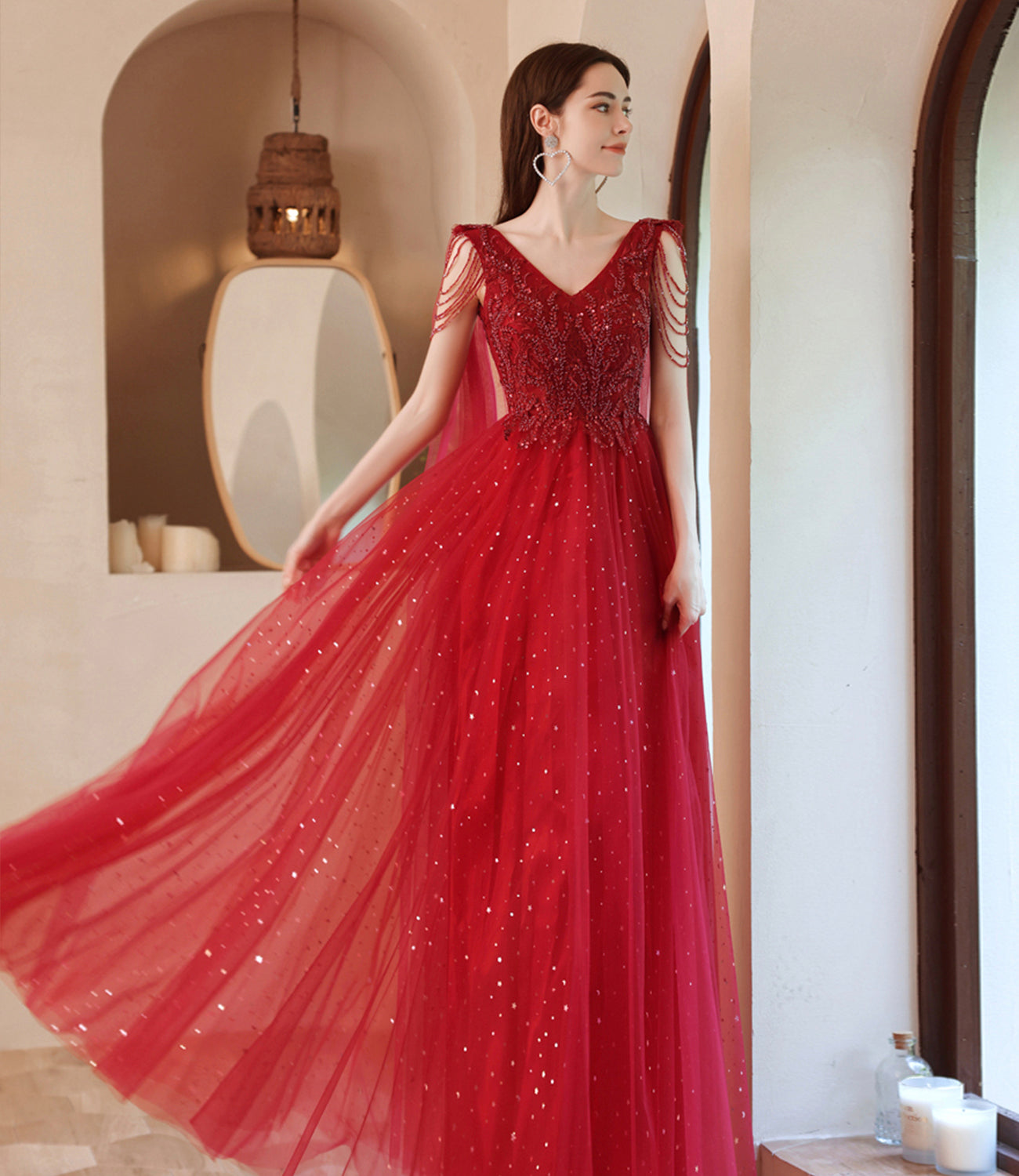Red tulle beads long A line prom dress evening dress 8794