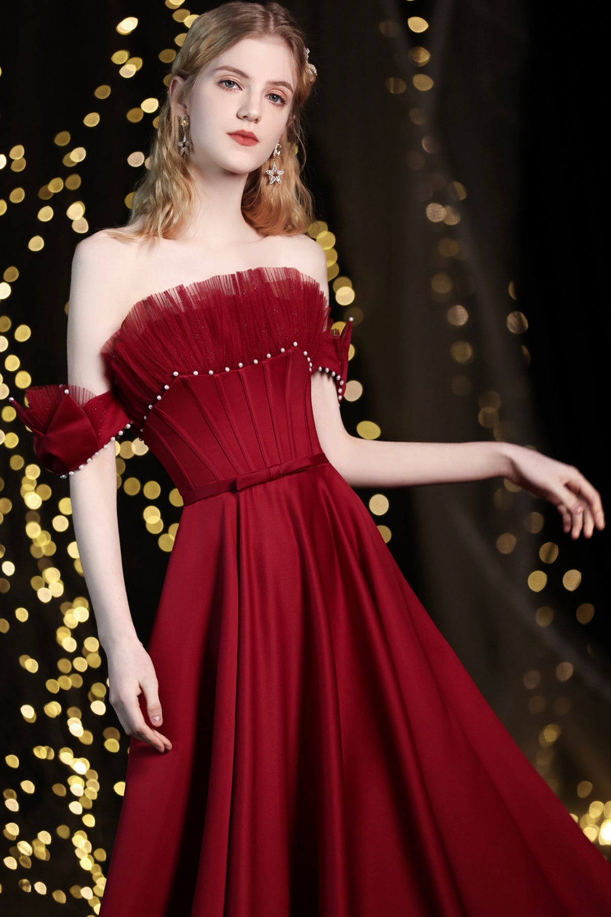 Burgundy satin long A line prom dress evening dress 8774