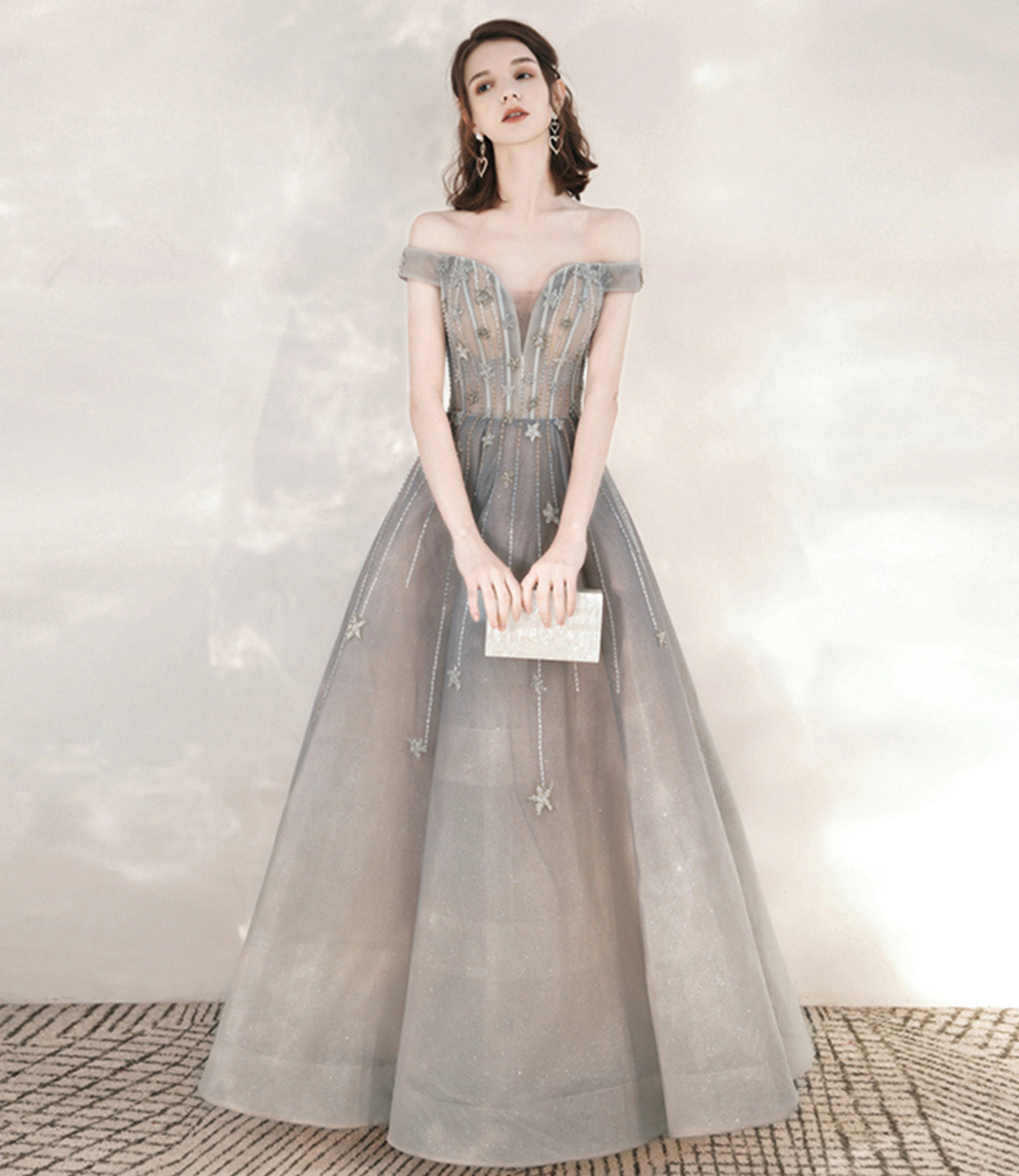 Gray tulle sequins long prom dress with star 10545