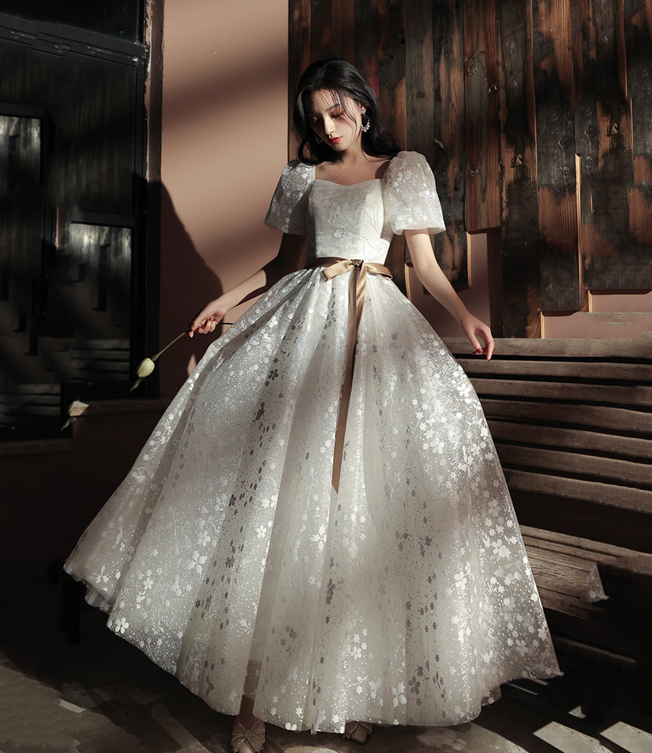 Sweet A line sequins long prom dress white evening dress 8675