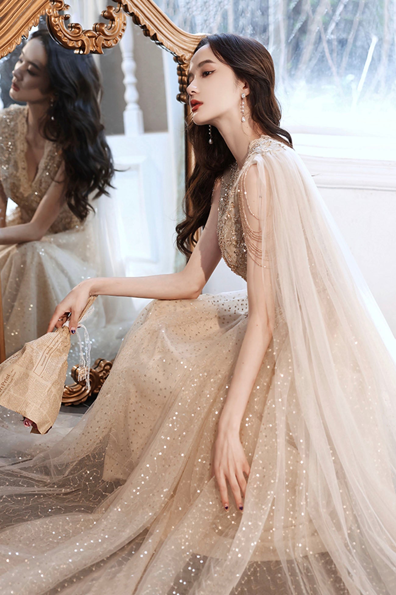 Champagne tulle sequins long prom dress evening dress 10605