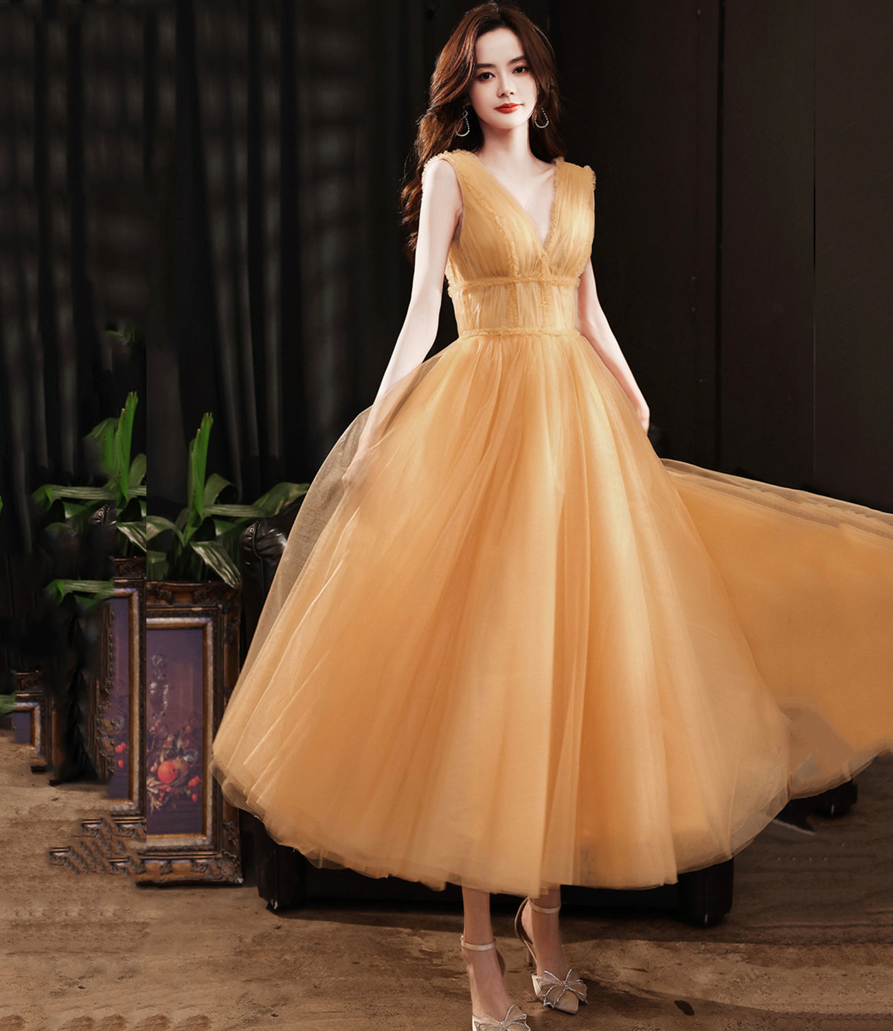 Yellow v neck tulle short prom dress homecoming dress 8982