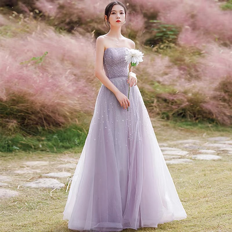 Purple tulle beads long prom dress A ine evening gown 10209