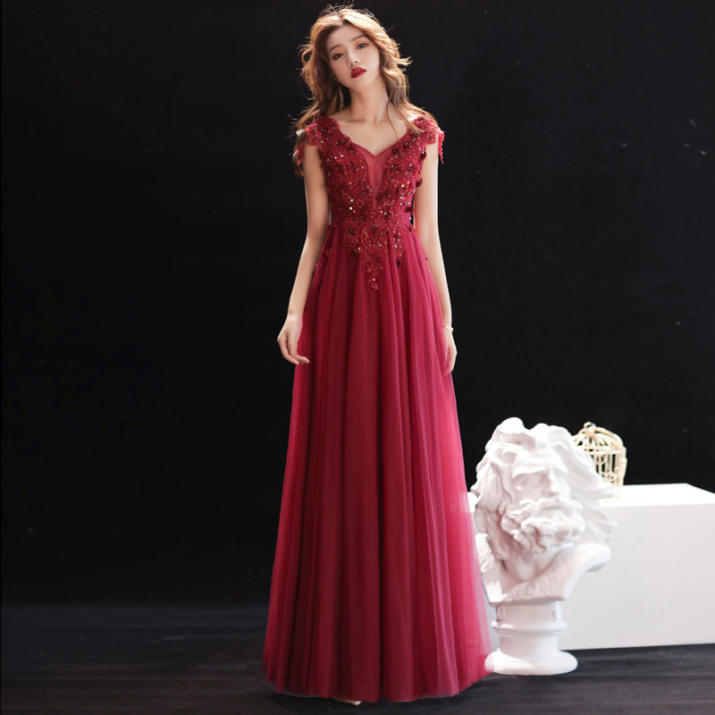 Burgundy v neck lace sequins long prom dress, evening dress 7968