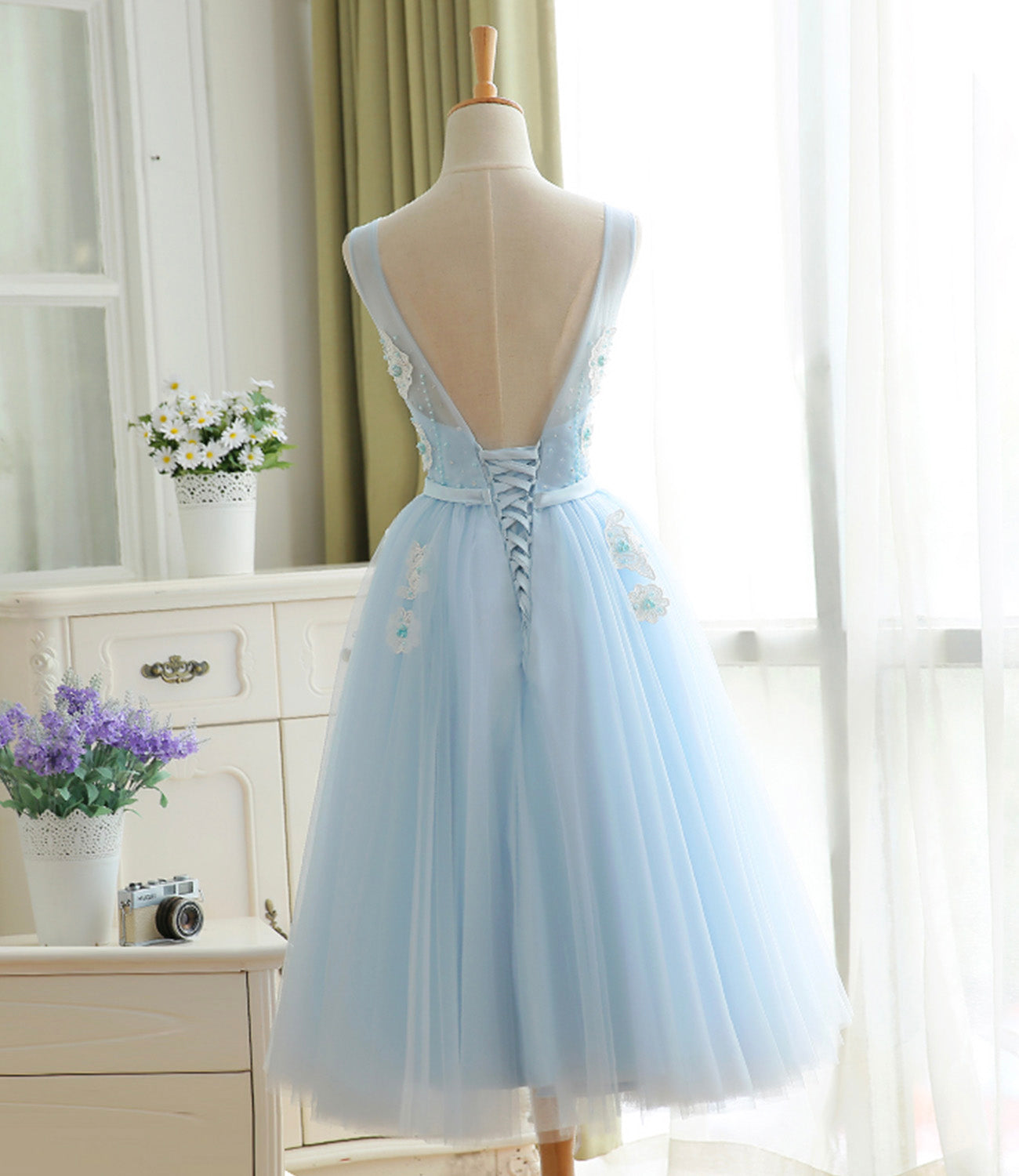 Blue tulle lace short prom dress A line homecoming dress 10577