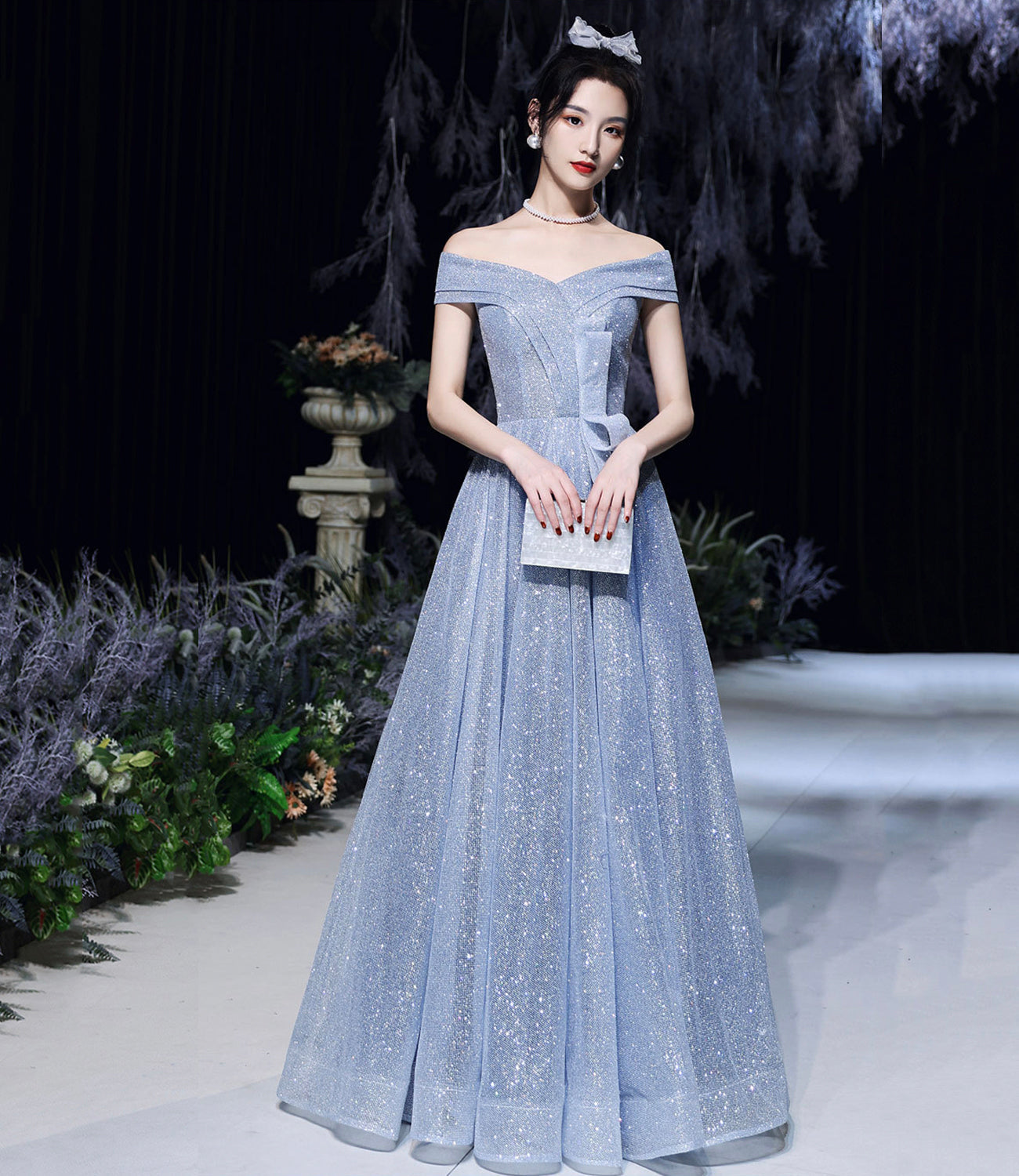 Blue tulle sequins long prom dress blue evening dress 10465