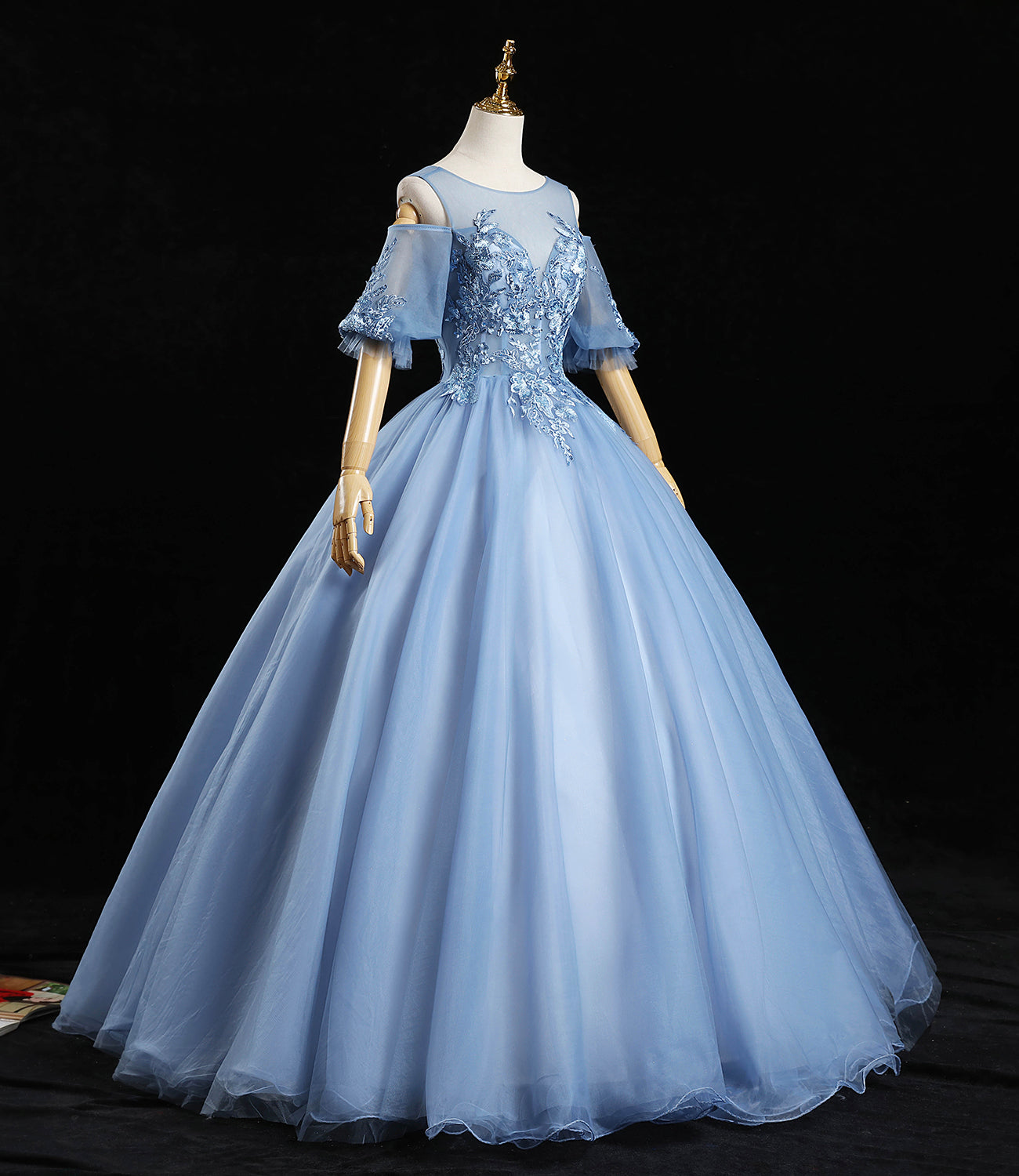 Blue tulle lace long prom dress A line evening dress 10457