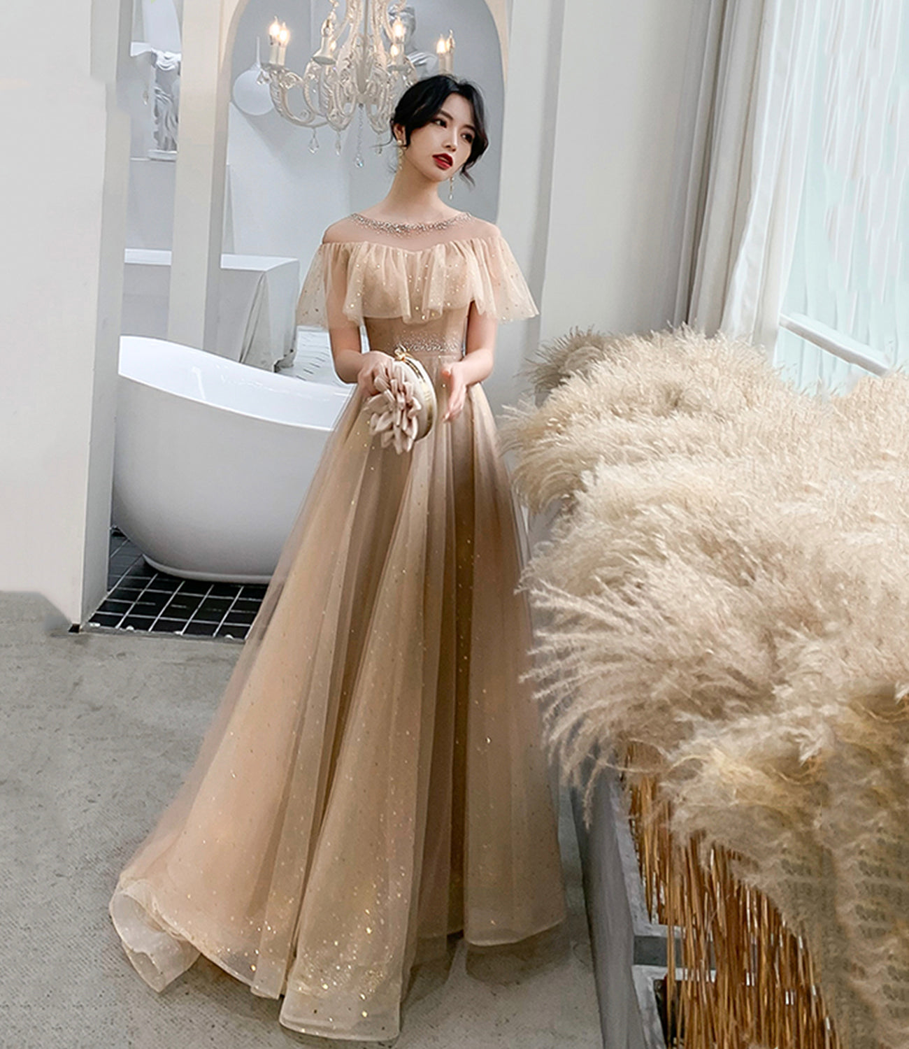Cute tulle long A line prom dress evening gown 10067