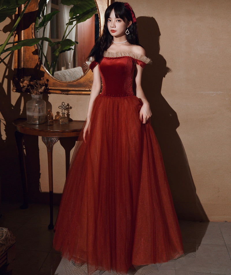 Burgundy velvet tulle long prom dress evening dress 8382