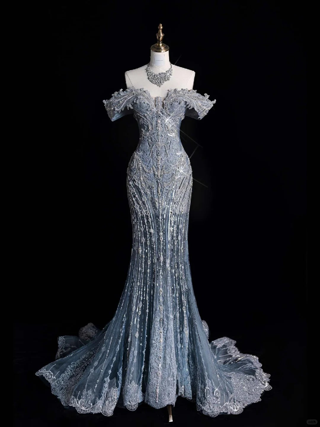____ilver Blue Luxurious Heavy Industry Sparkling Gorgeous Elegant Exquisite Beading Stunning Long Mermaid Dress Sequin Floor Length Trailing Prom Dress Evening Dress Wedding Dress gh4114