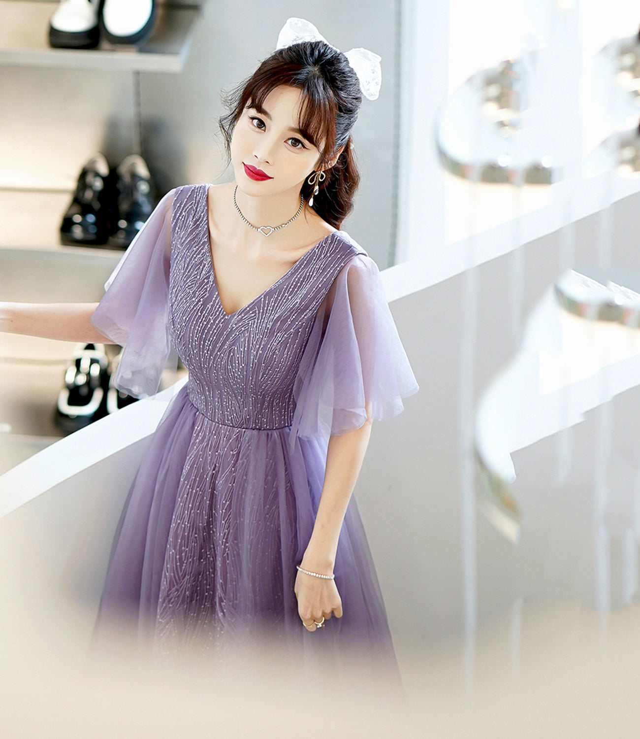 Purple tulle sequins long prom dress A line evening dress 10462