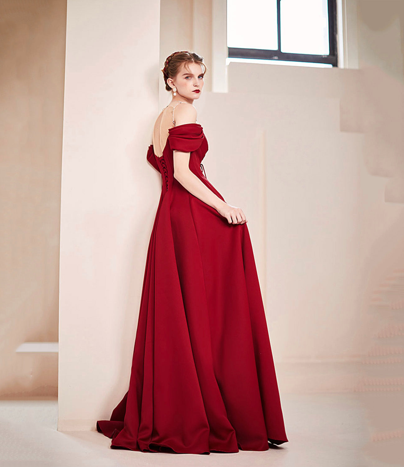 Burgundy satin long prom dress A line evening dress 10578