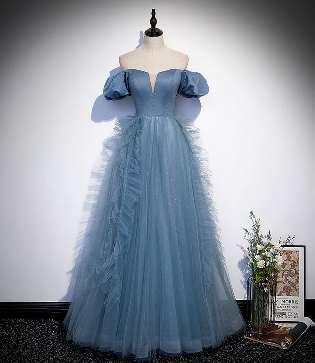 Blue satin tulle long prom dress blue evening dress 10312