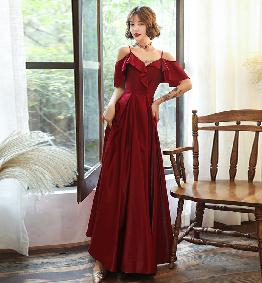Burgundy satin prom dress simple evening dress 8379