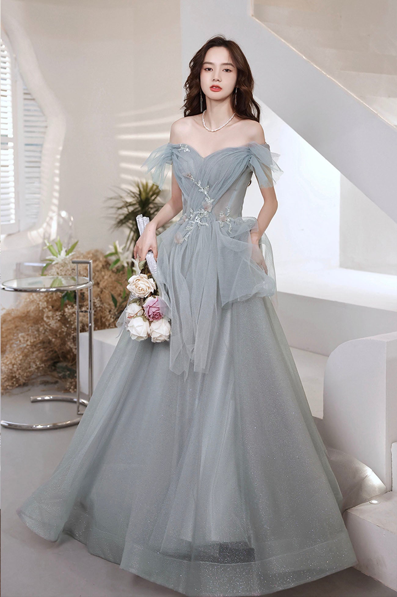 Gray tulle sequins long prom dress A line evening dress 10646