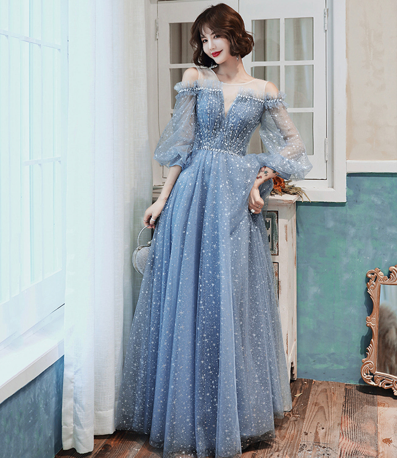 Blue tulle long A line prom dress blue evening dress 8759