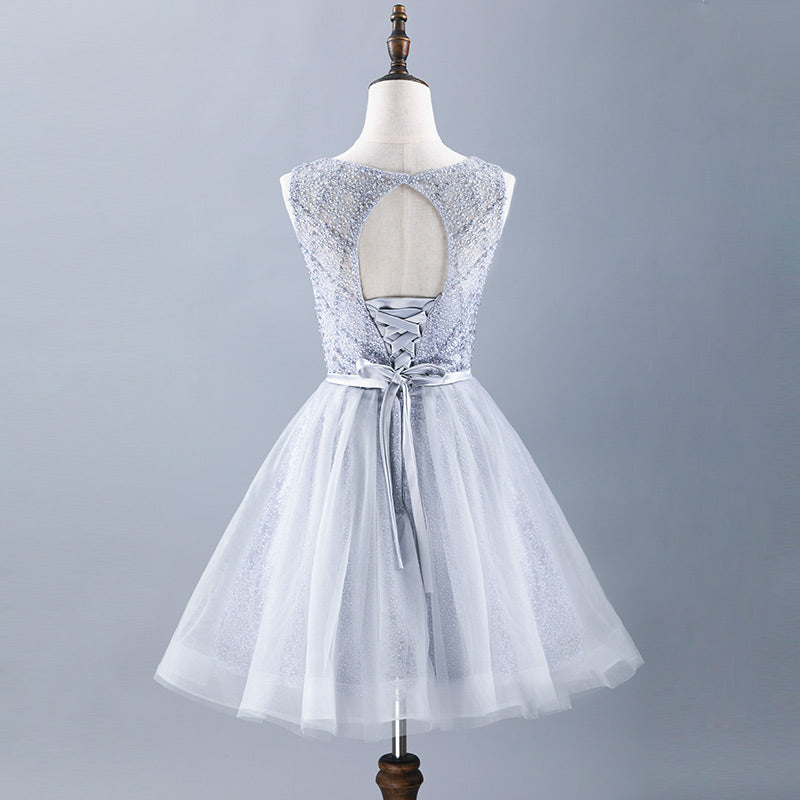 Gray tulle short prom dress gray evening dress 10001