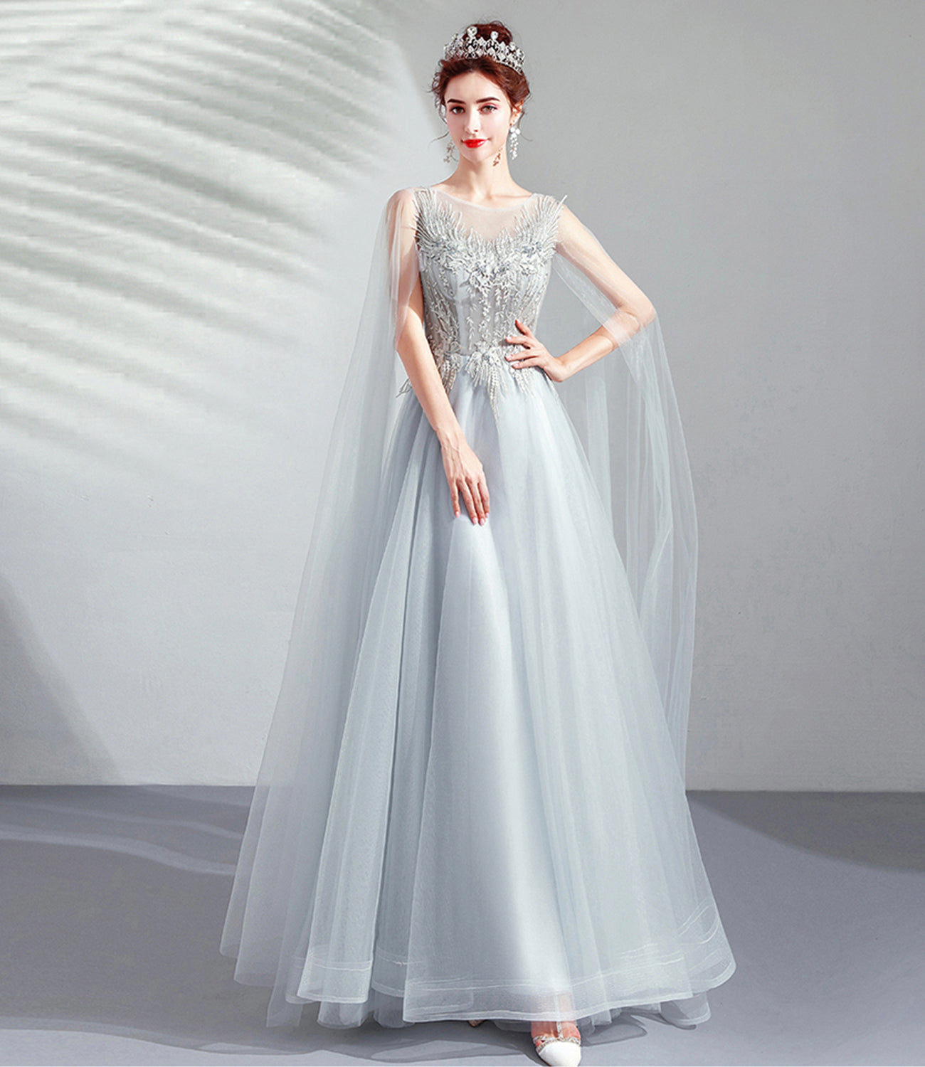 Gray tulle lace long prom dress A line evening dress 10509