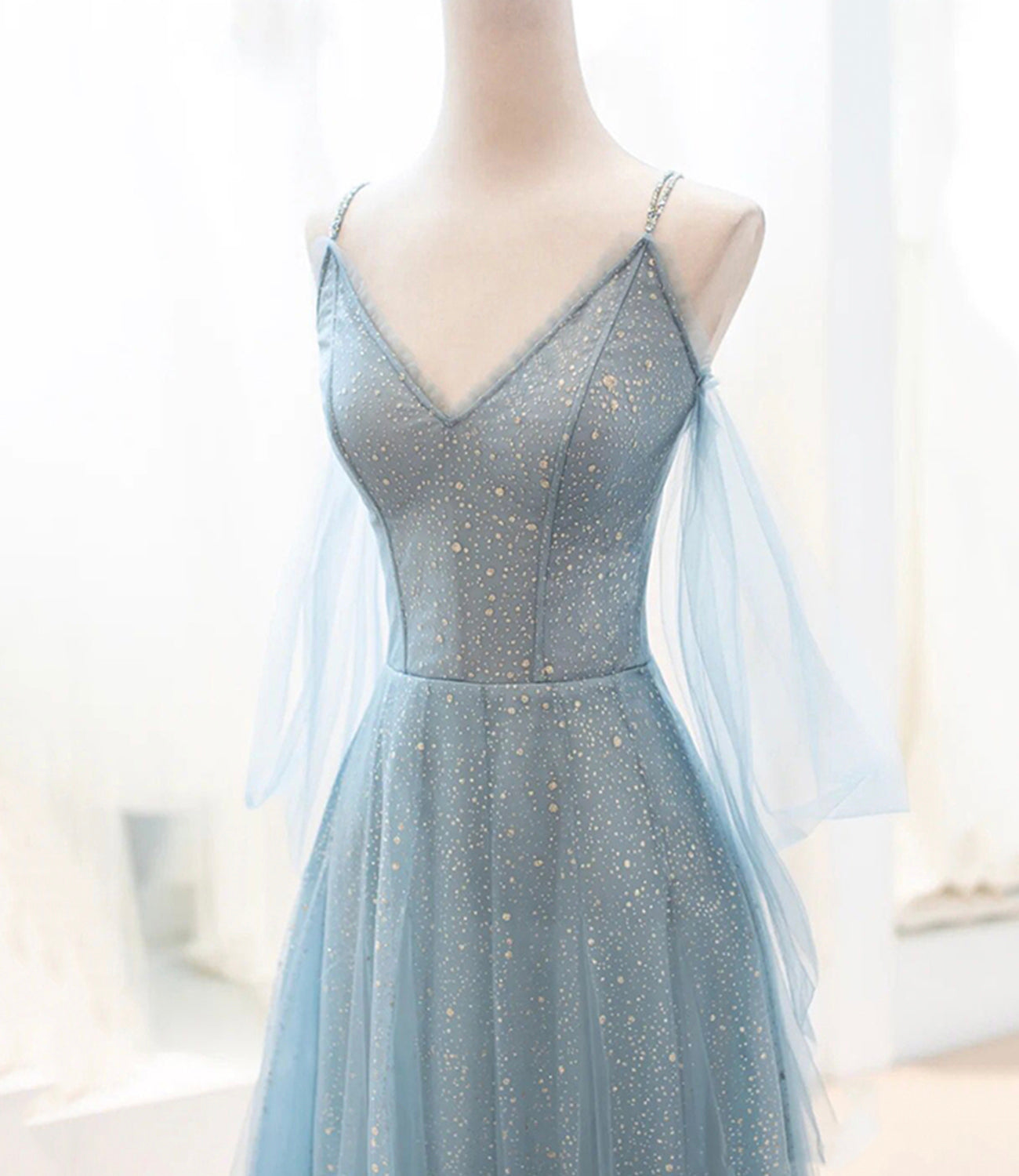 Blue tulle long A line prom dress blue evening dress 8764
