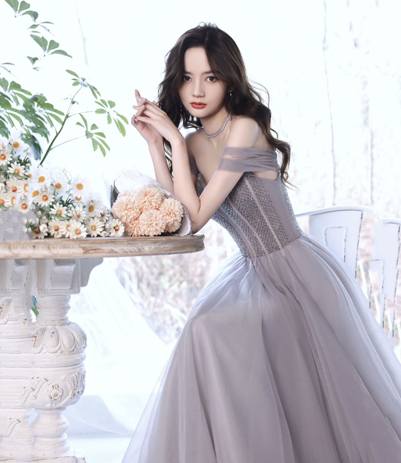 Cute tulle beads long prom dress A line evening gown 10319