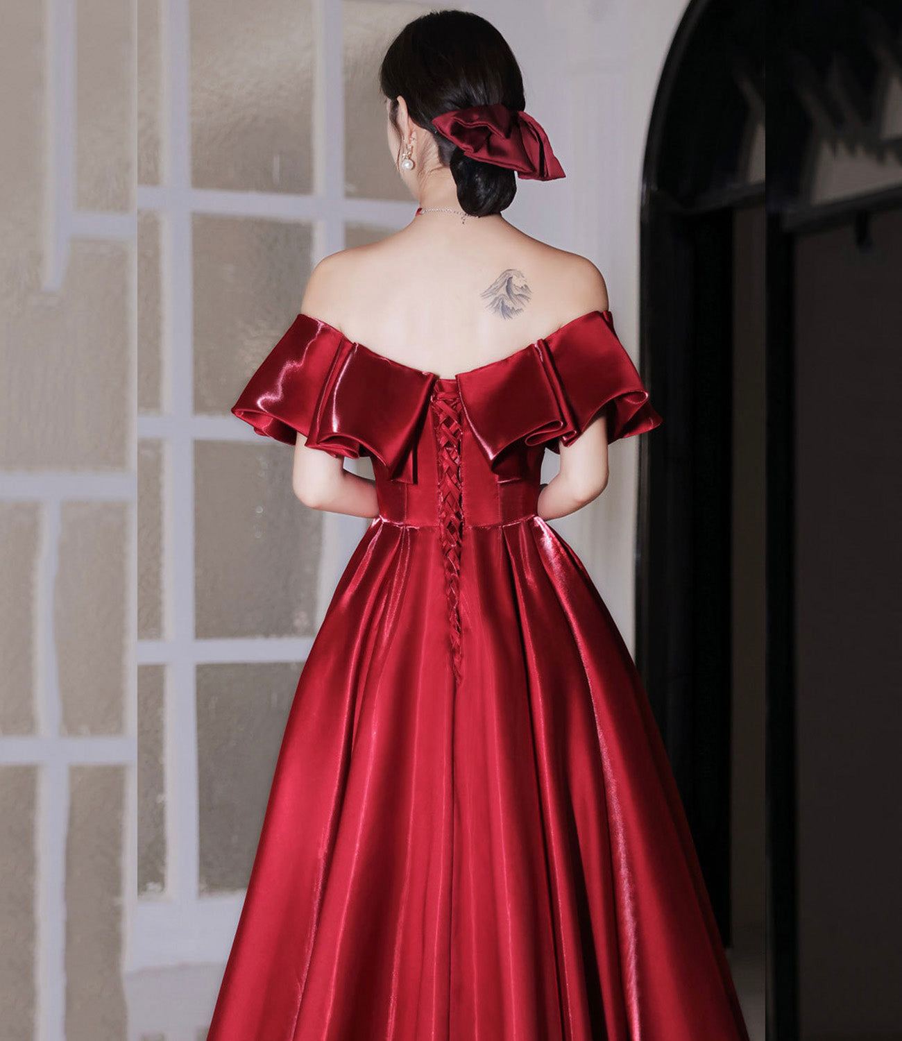 Red satin long prom dress A line evening dress 10582