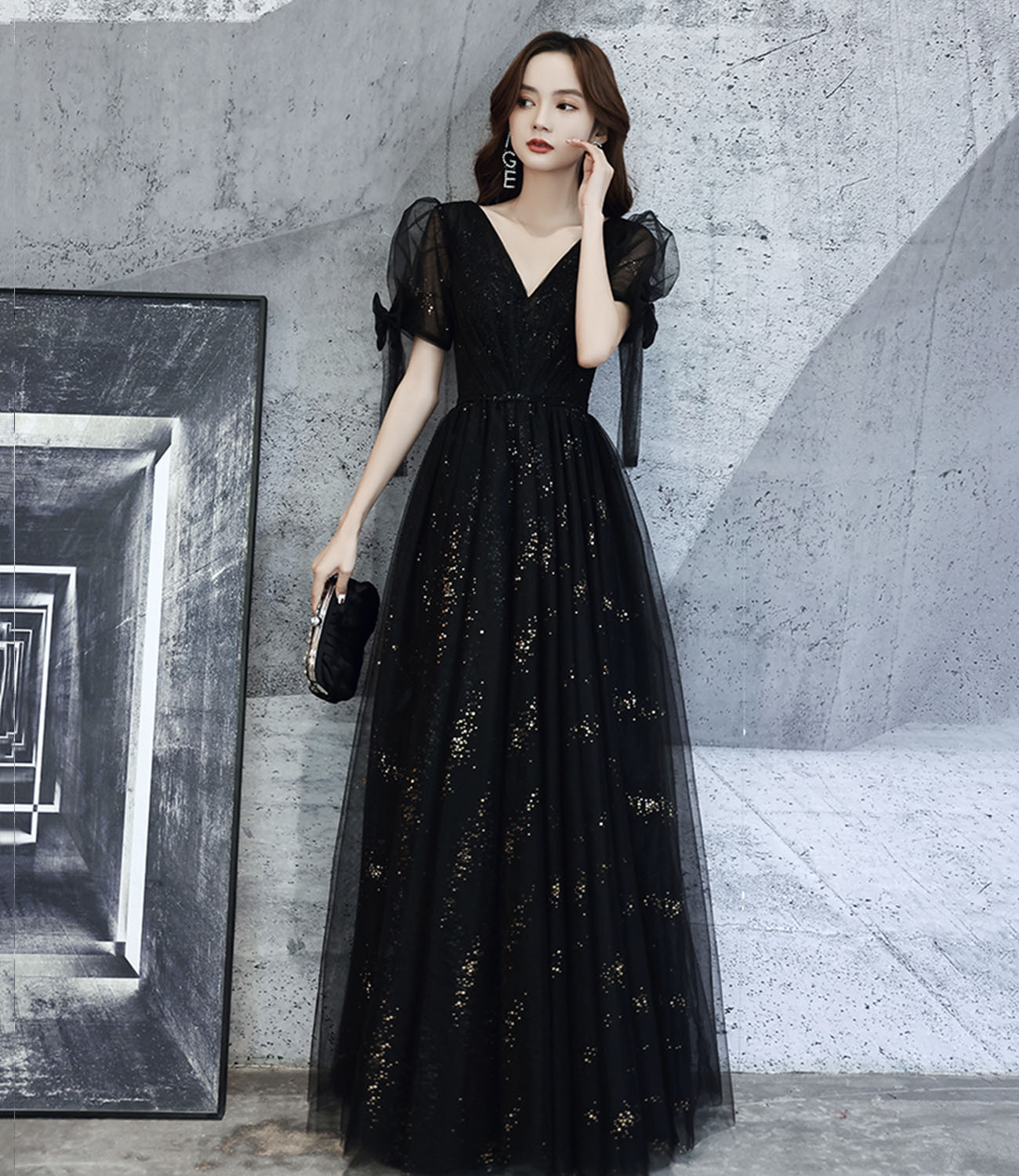 Black v neck tulle long prom dress A line evening dress 10318