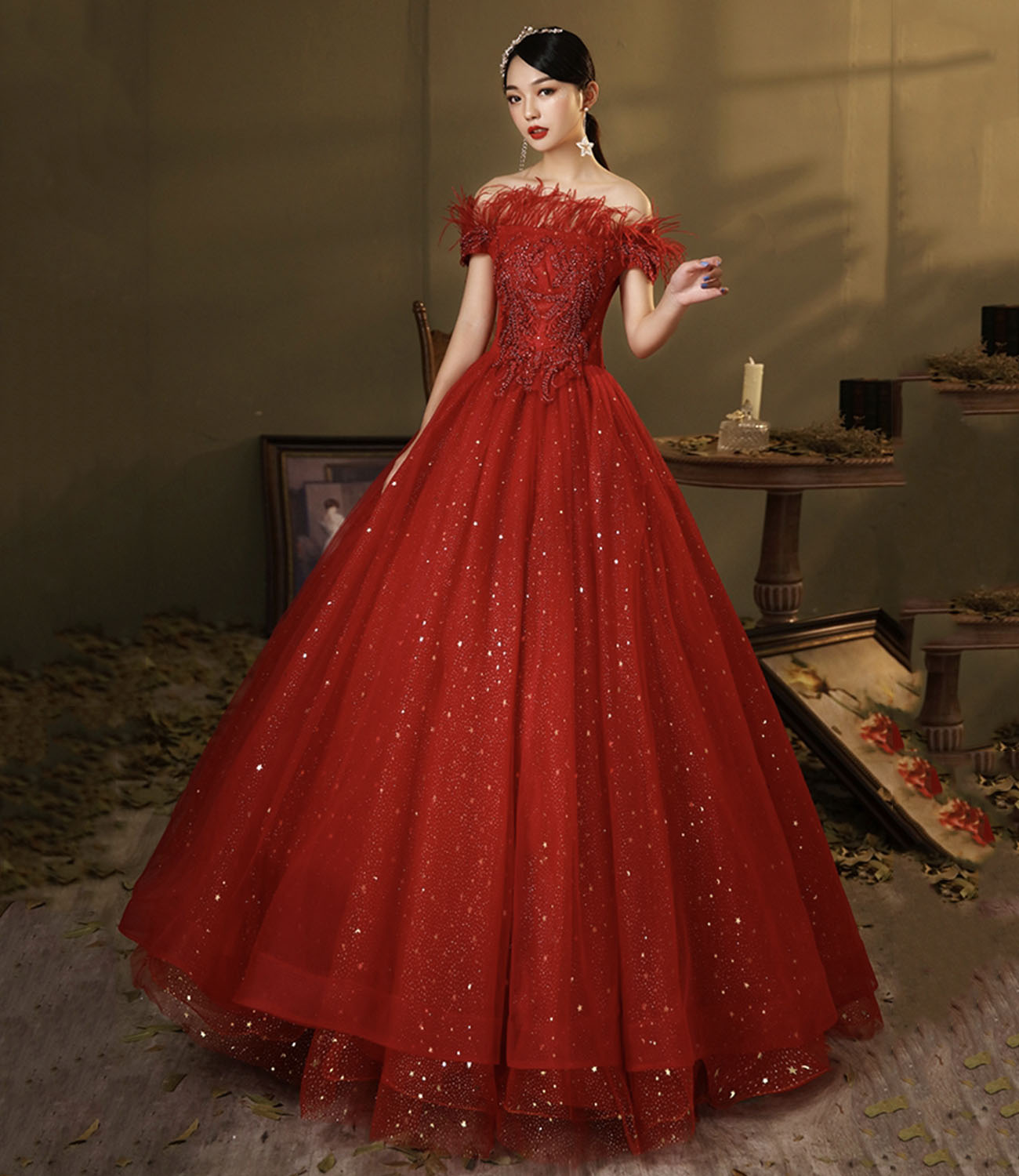 Red tulle sequins long ball gown dress A line evening dress 10324