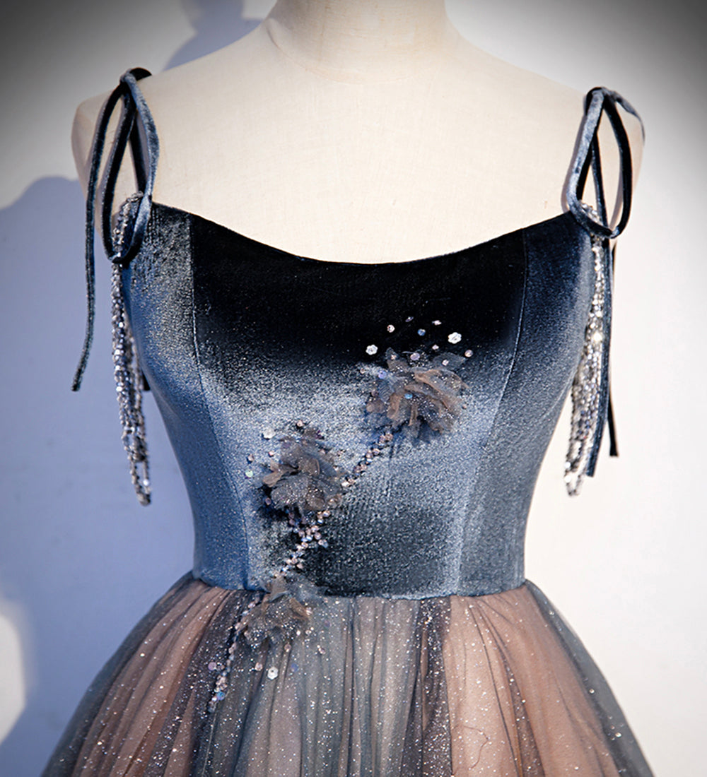Blue tulle sequins long prom dress evening dress 8504