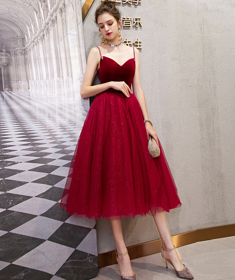 Burgundy velvet tulle short prom dress party dress 8392
