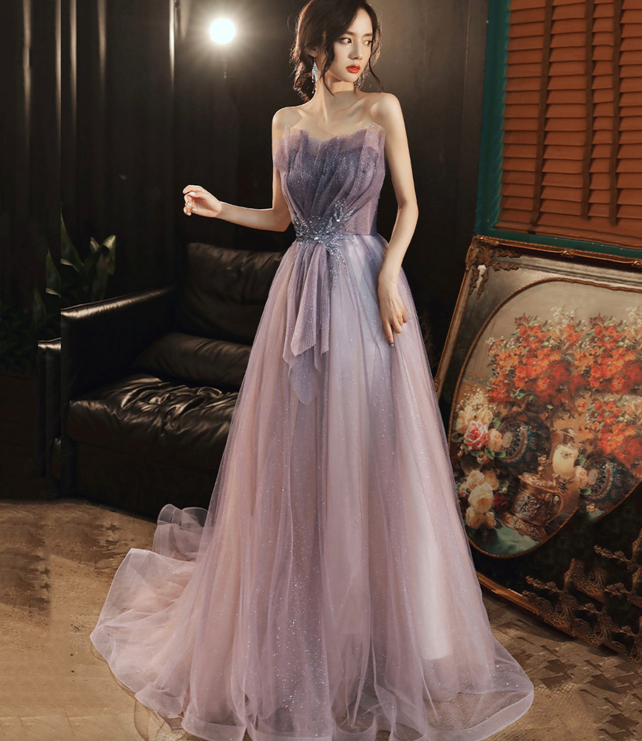 Purple tulle sequins long prom dress evening dress 10624