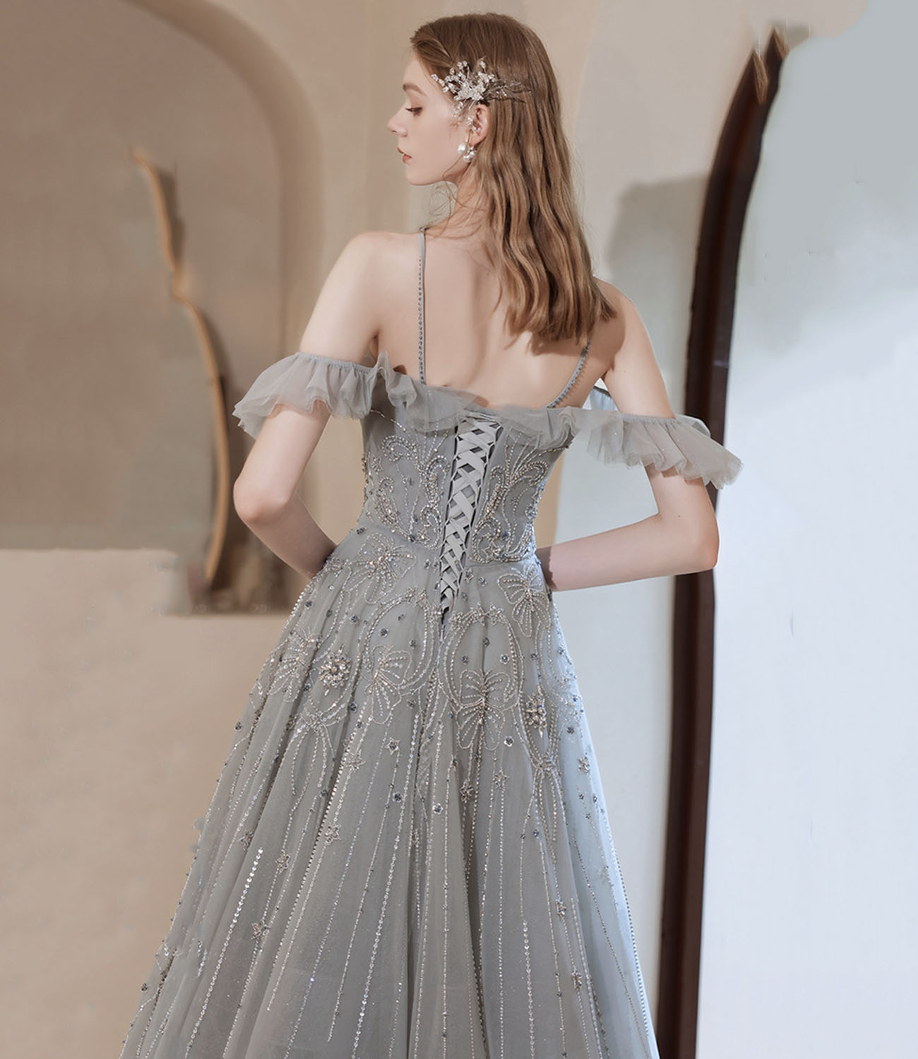 Gray tulle beads long prom dress A line evening dress 10425