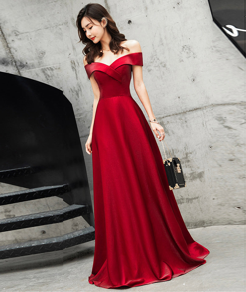 Burgundy satin long prom dress cute evening dress 8468