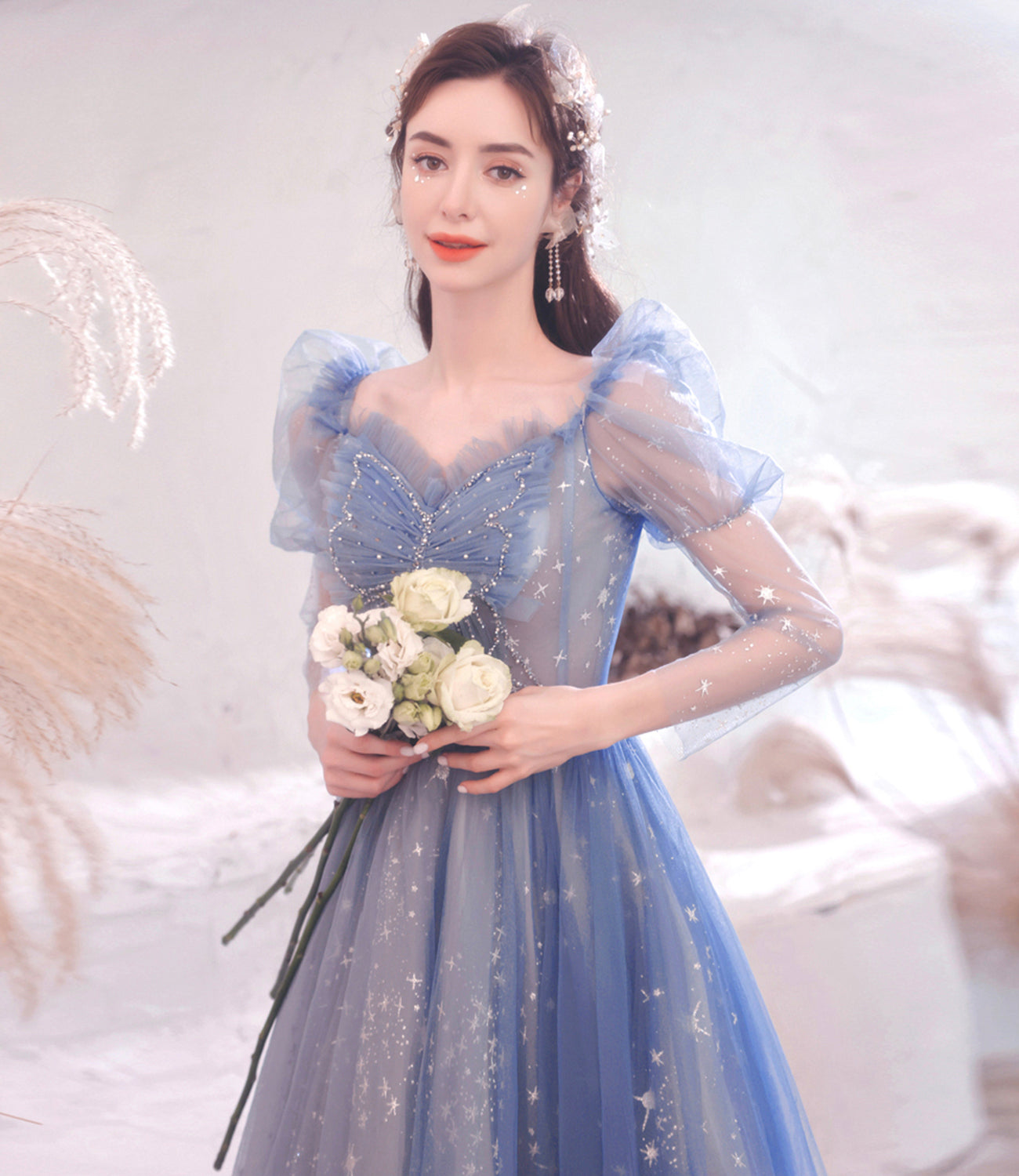 Blue tulle long A line prom dress blue evening dress 10530