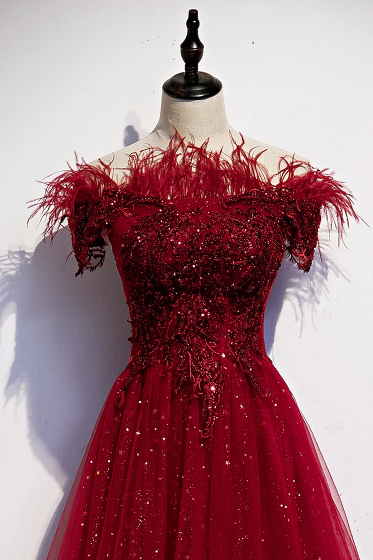 Burgundy tulle sequins long A line prom dress evening dress 8710