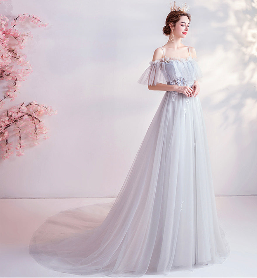 Gray tulle lace long prom dress evening dress 8453